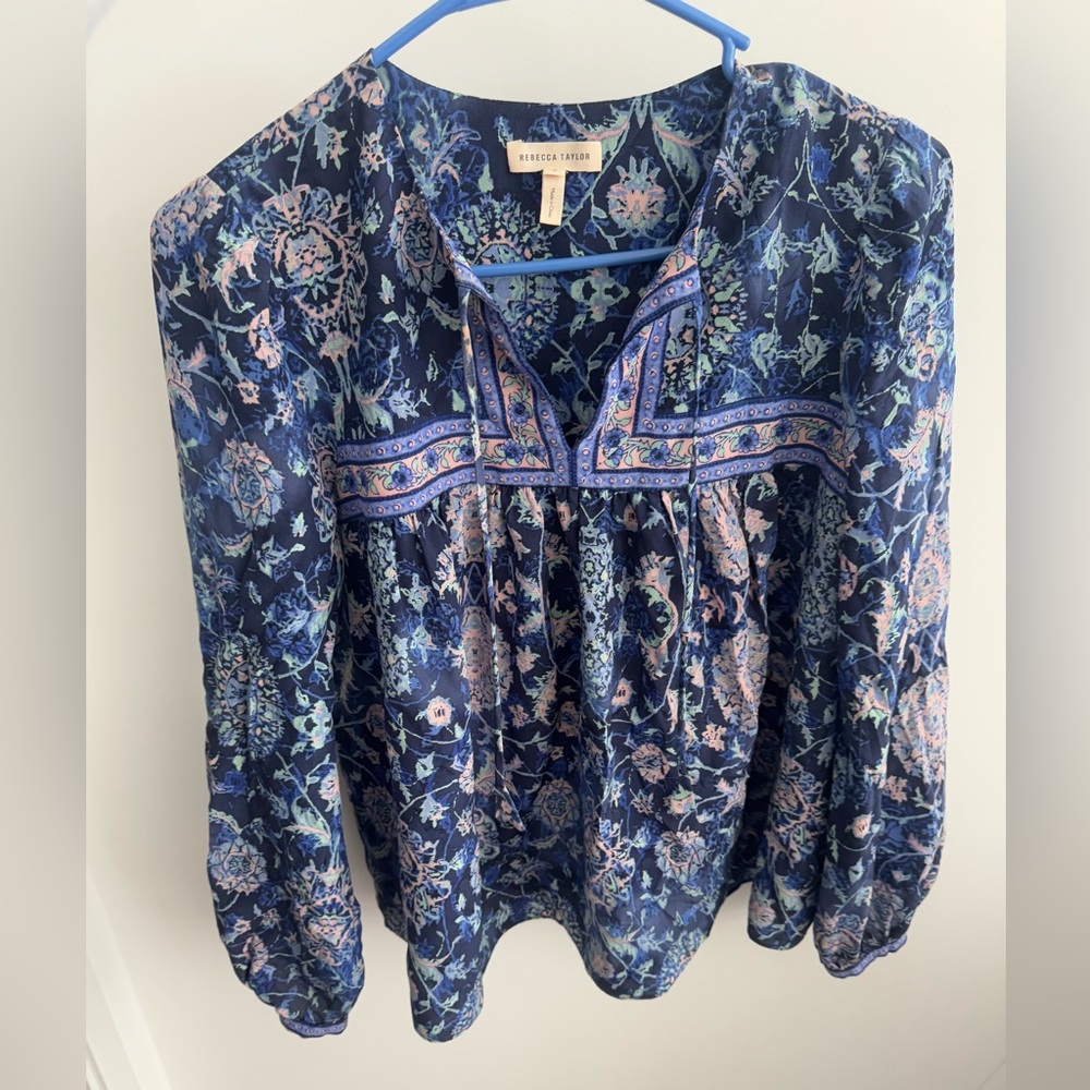 Rebecca Taylor Navy and Light Blue Floral Blouse